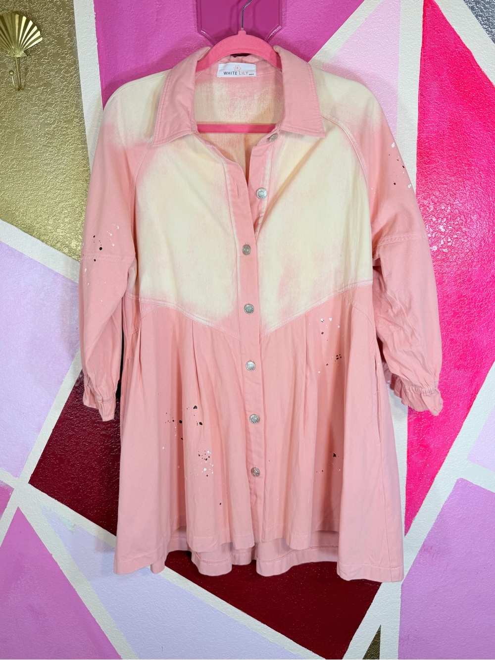 White Lily Pink Bleached Denim Paint Splatter Babydoll Shirt Dress M